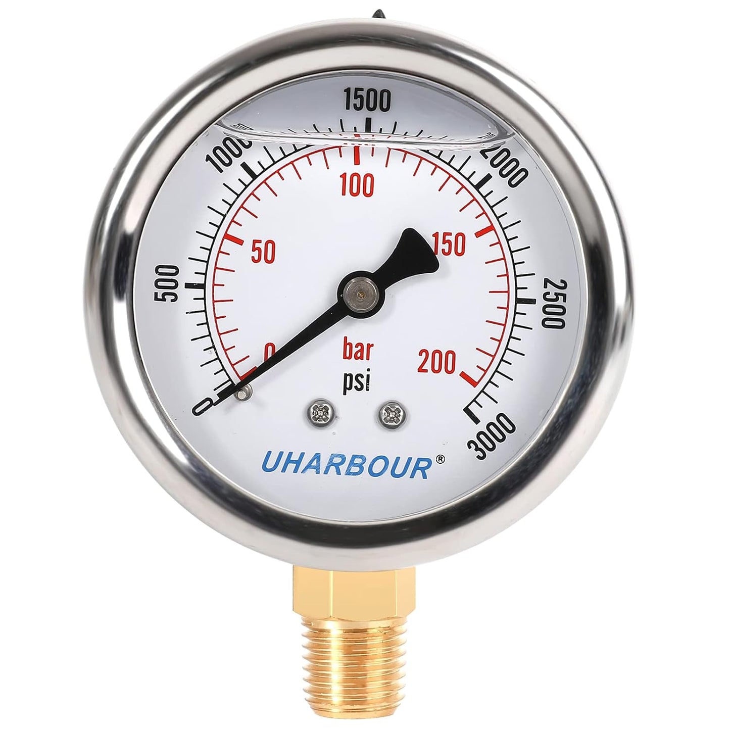 Glycerin Filled Pressure Gauge 3000psi/200bar, Stainless Steel case, Brass Inside Construction, 2-1/2" dial, 1/4" NPT Rear Connection.