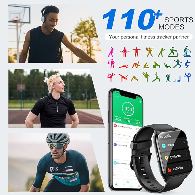 Smart Watch (Answer/Make Call), 1.85" Smartwatch for Men Women, 2025 Fitness Watch, 110+ Sport Modes/Heart Rate/Sleep Monitor/Pedometer, IP68 Waterproof Fitness Activity Tracker for Android iOS, Black