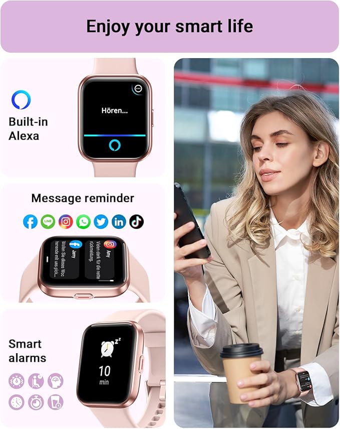 Smart Watch for Women Android & iPhone, Alexa Built-in, 1.8" Touch Screen Fitness Tracker with Answer/Make Calls, IP68 Waterproof Heart Rate/Sleep/SpO2 Monitor, Pedometer, 100+ Sport Modes