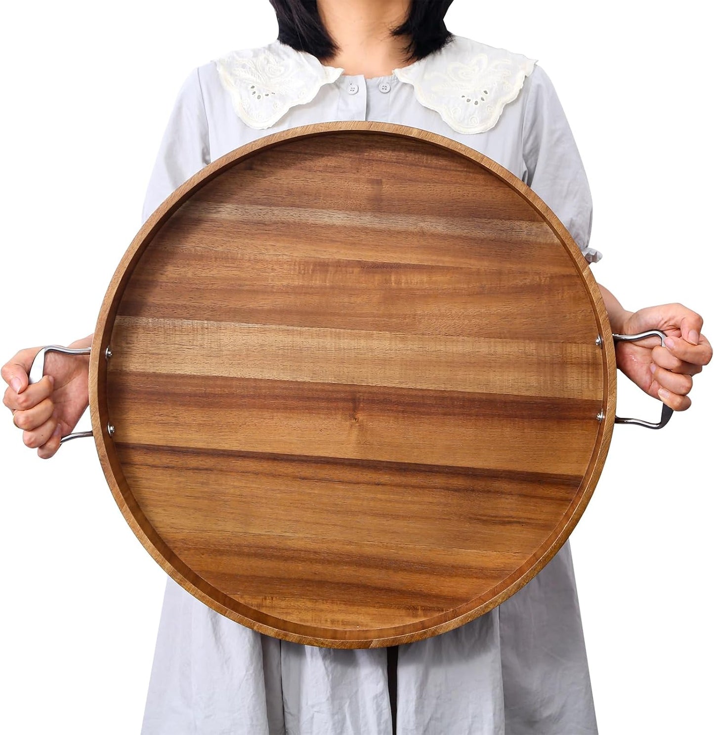 Ottoman Tray with Handles, 20 Inch Round Ottoman Tray Large Trays for Ottomans Wooden Serving Tray Decorative Trays for Living Room, Party, Breakfast, Drinks, Snacks, Appetizers