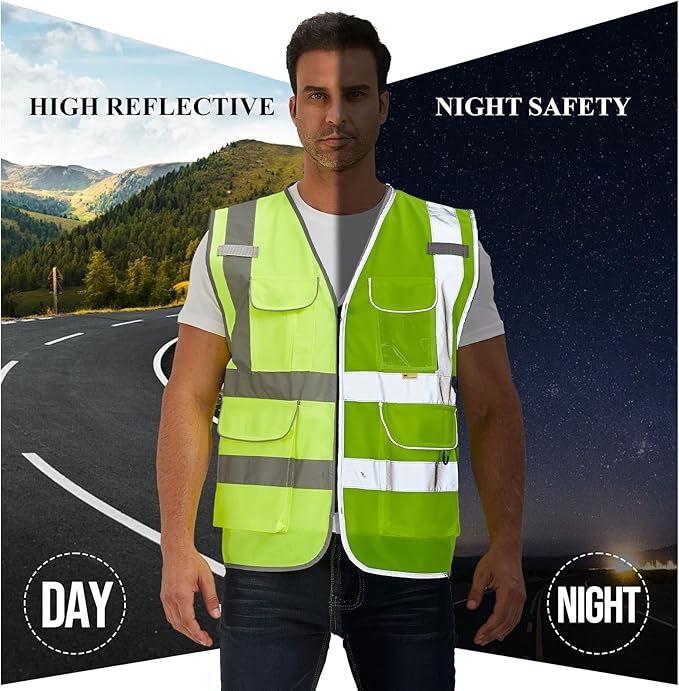 SIFE Reflective Safety Vest High Visibility Vest With 7 Pockets And YKK Zipper, ANSI/ISEA Class 2 Standard, Made With 3M Reflective Tape(03YG-Yellow,L)
