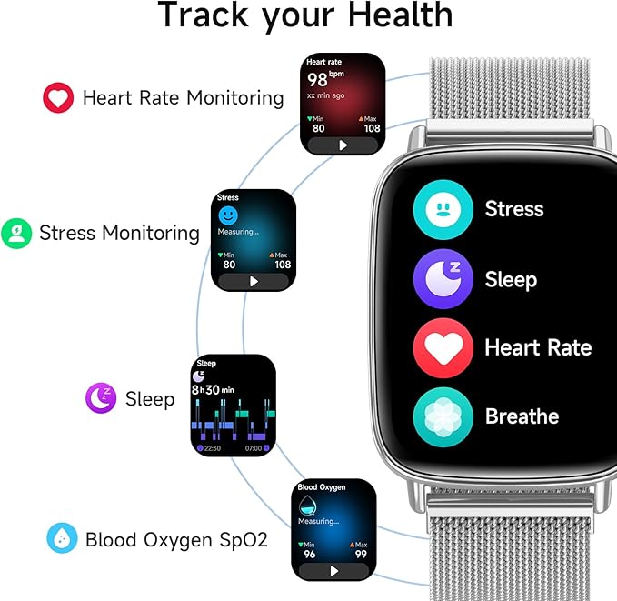 Smart Watch, 1.85" HD Smartwatch for Men Women (Answer/Make Calls), 100+ Sport Fitness Watch with Heart Rate/Sleep/SpO2 Monitor, IP68 Waterproof Reloj Inteligente Compatible iPhone/Samsung/Android