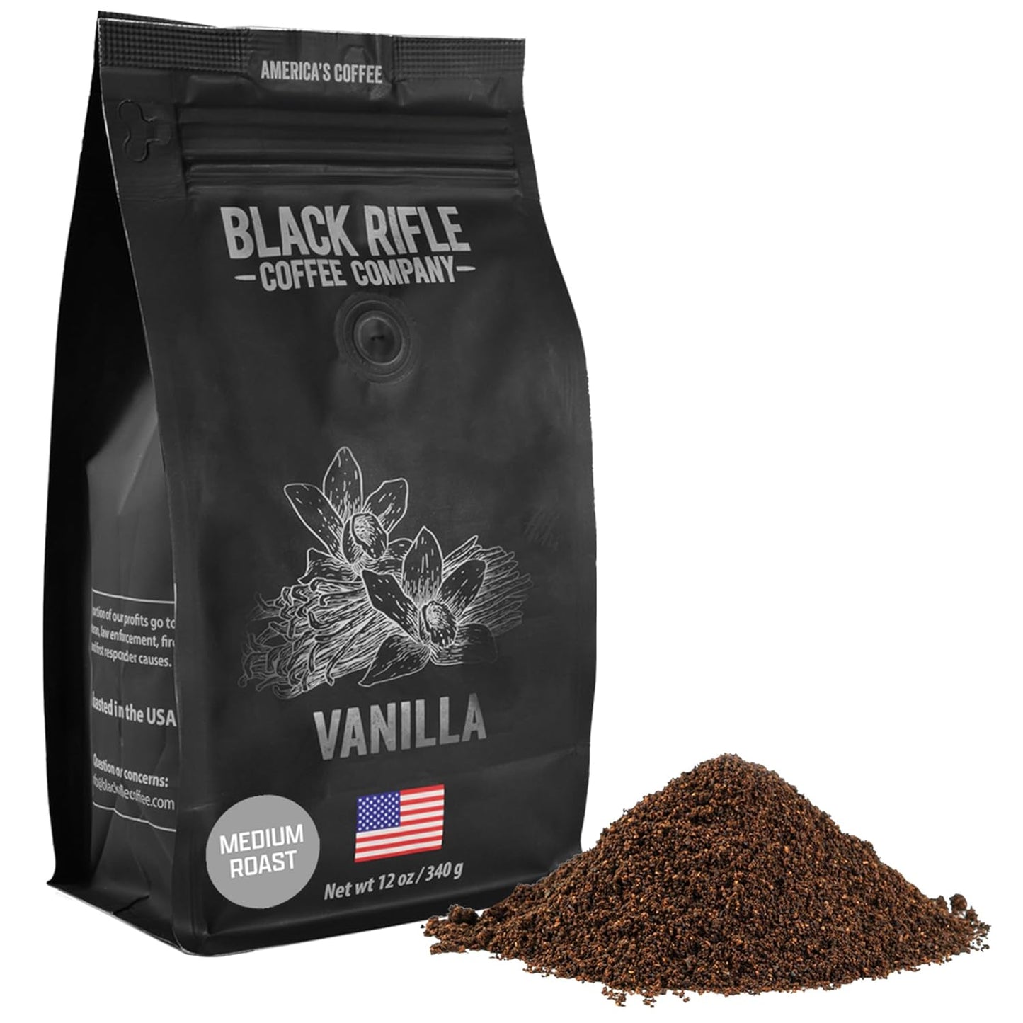 Black Rifle Coffee Company Ground Coffee Medium Roast - Roasted Blend Made from Pure Arabica Beans - Colombian & Brazilian Beans - Veteran Founded & American Made (Vanilla, 12oz Bag)
