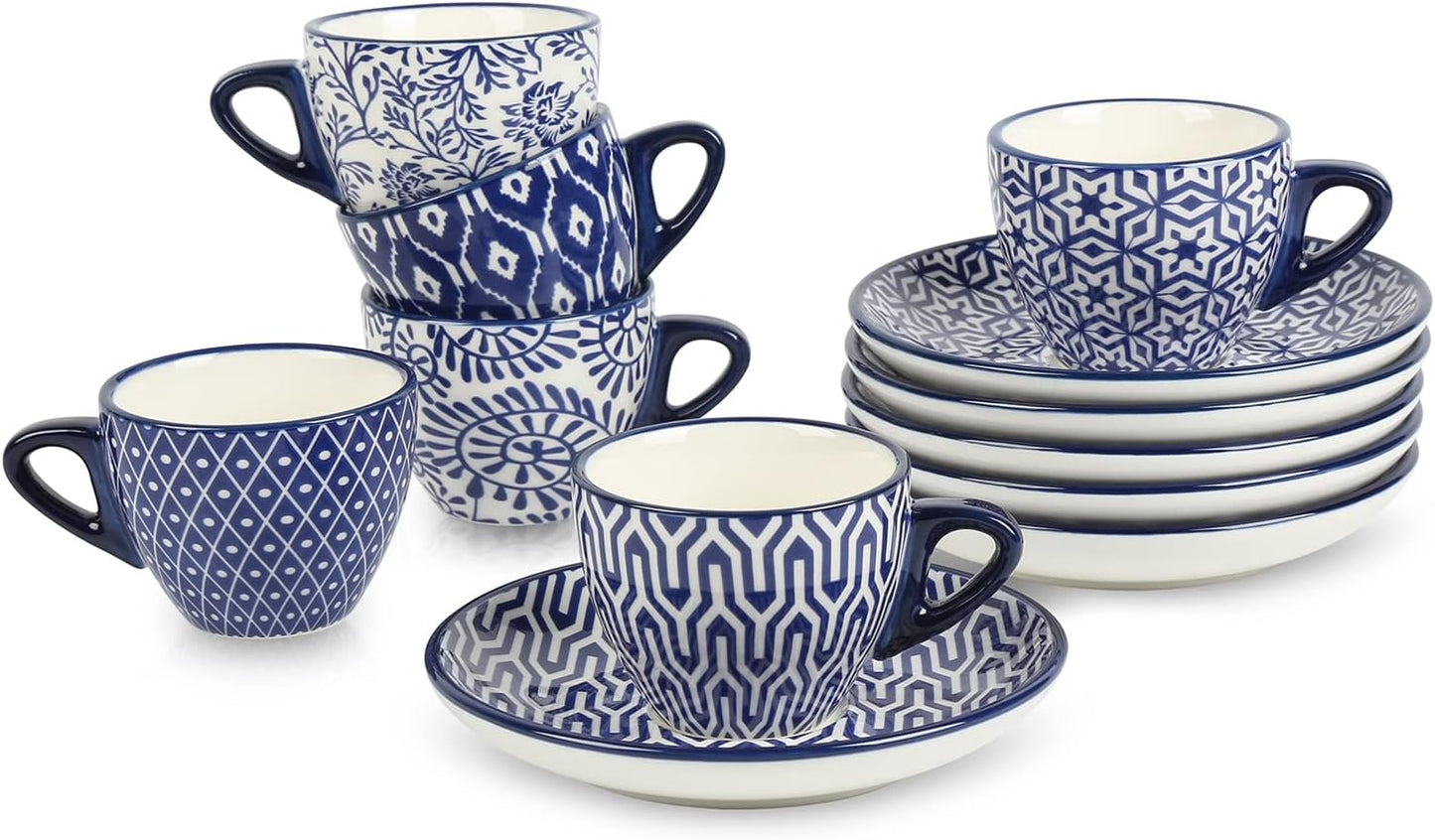 Selamica Ceramic 2 oz Espresso Cups, Small Expresso Coffee Cup Set with Saucers, Porcelain Mini Demitasse Cups for Latte Mocha Tea, Set of 6, Vintage Blue