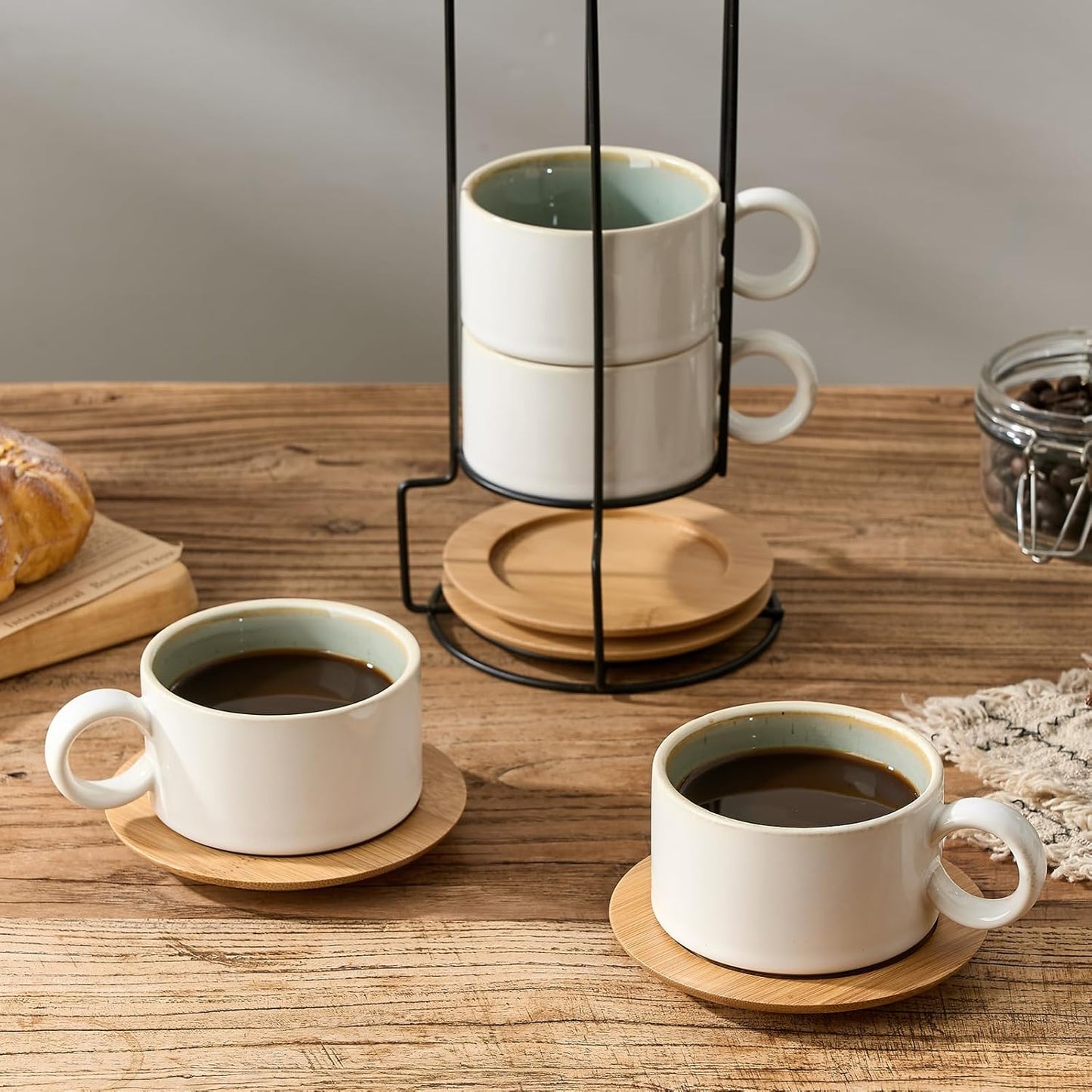 LUKA 6 Ounce Porcelain Stackable Espresso Cups with Saucers and Metal Stand Set of 4, Ceramic Cappuccino Cups Set for Specialty Coffee Drinks, Latte, Cafe Mocha and Tea, White Green Interior