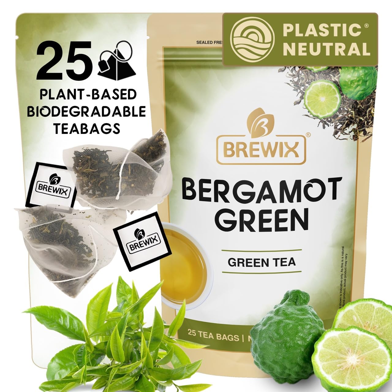 BREWIX, Bergamot Green Tea (25 Pyramid Tea Bags) | Caffeinated Tea Loose Leaf Earl Grey Green Tea With Pure Bergamot | High Elevation Grown
