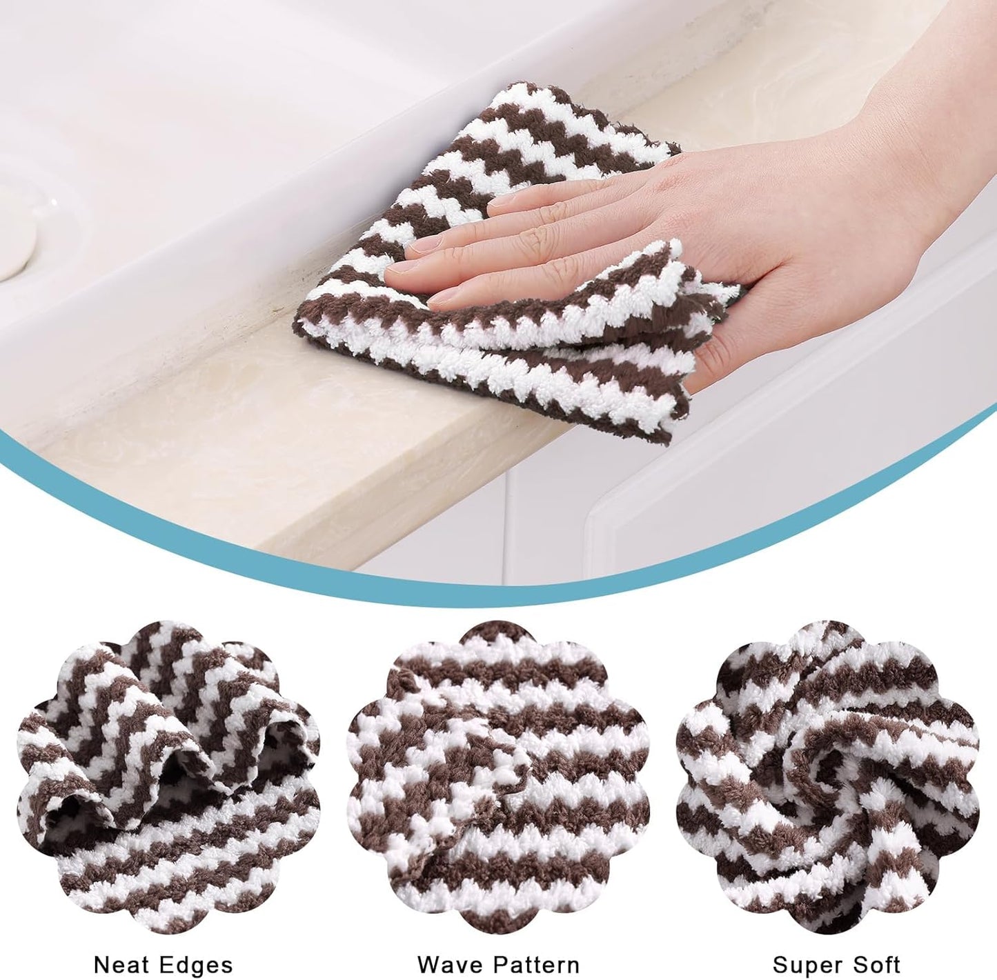 Homaxy 24 Pack Kitchen Dish Cloths, Ultra Soft and Absorbent Dish Towels, Reusable Fast Drying Microfiber Cleaning Cloth, Coral Velvet Wave Design No-lint, 10 x 10 inches, Brown