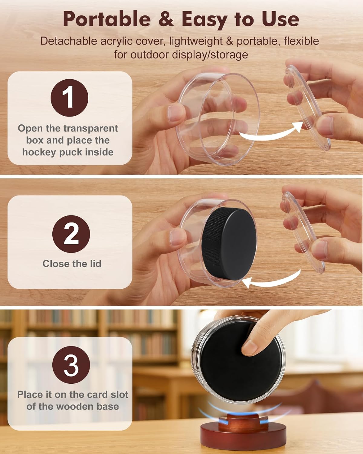 Hockey Puck Display Case, Premium Acrylic Display Box, UV Fade Protection, Solid Mahogany Base & Puck Holder, Signed Puck Collector's Showcase, for Hockey Enthusiasts, 3.15" x 3.15" x 3.07"