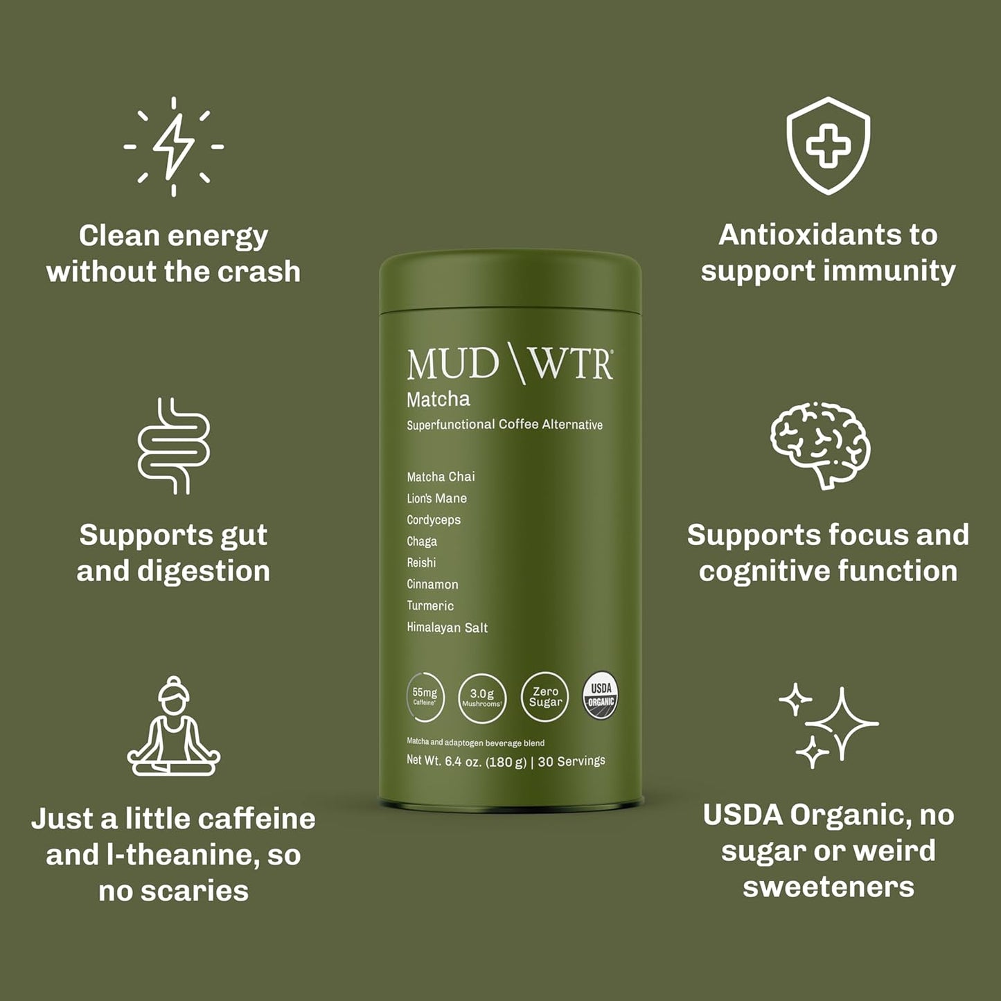 MUDWTR Mushroom Matcha Powder | 3,000mg of Adaptogenic Mushrooms | Japanese Matcha Powder Blend | USDA Organic | Energy, Focus & Immunity Support | Lion's Mane, Chaga, Reishi, Cordyceps | 30 Servings