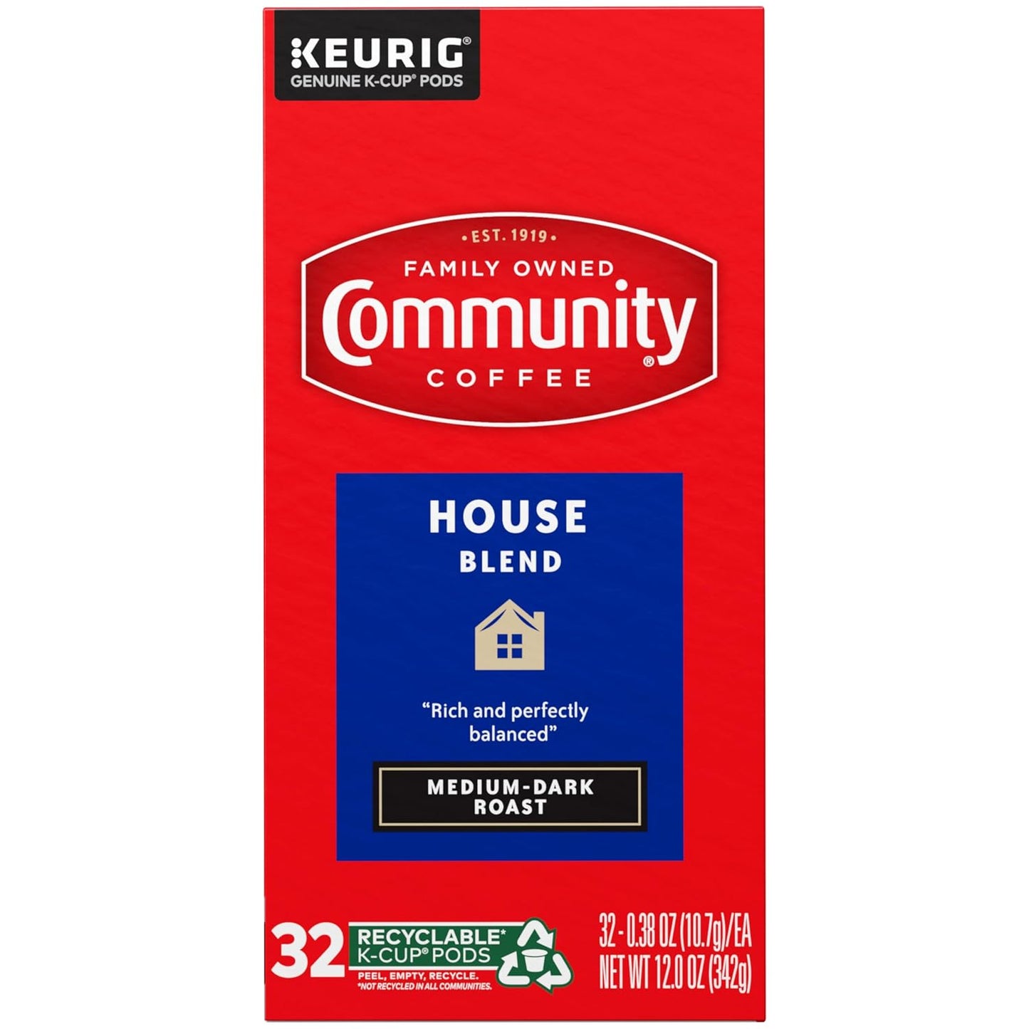 Community Coffee House Blend, Medium-Dark Roast, Single-Serve Keurig K-Cup Pods, 32 Count (Pack of 4)