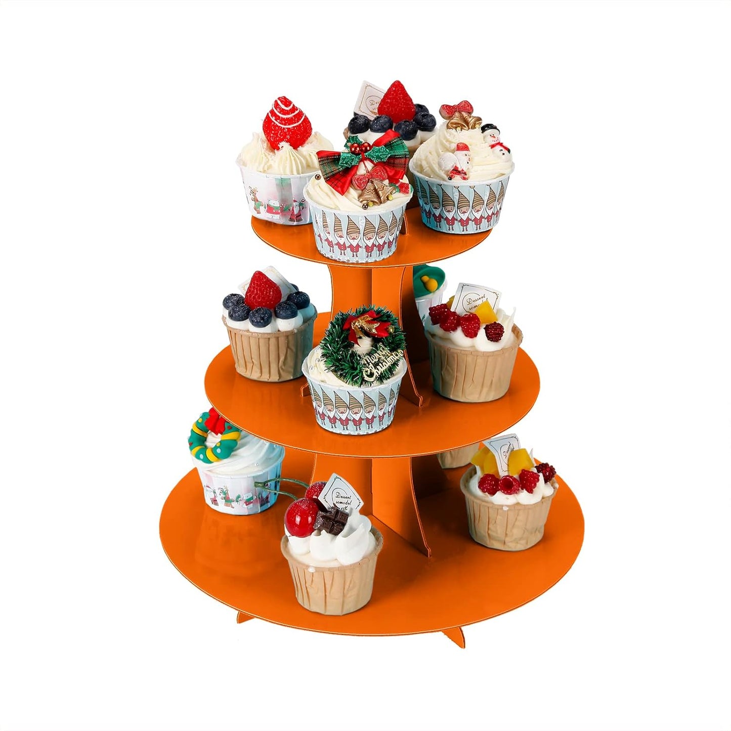 3-Tier Cupcake Stand, Cake Stand holder, Tiered DIY Cupcake Stand Tower for Dessert Table Displays, Birthday Theme Party Favors Decoration, Floral Tea Party, 12" W x 12.8" H, Orange