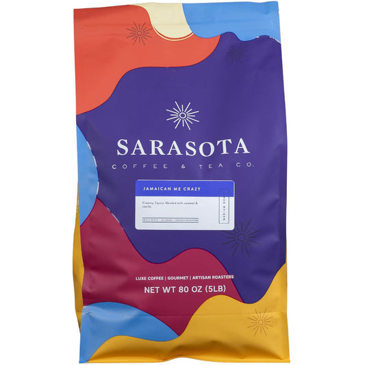 Sarasota Coffee Whole Bean Jamaican Me Crazy | Medium Roast Gourmet Flavored Coffee Beans | Low Acid, Mold Free, Specialty Grade Bulk Beans | 5lb (80 oz)