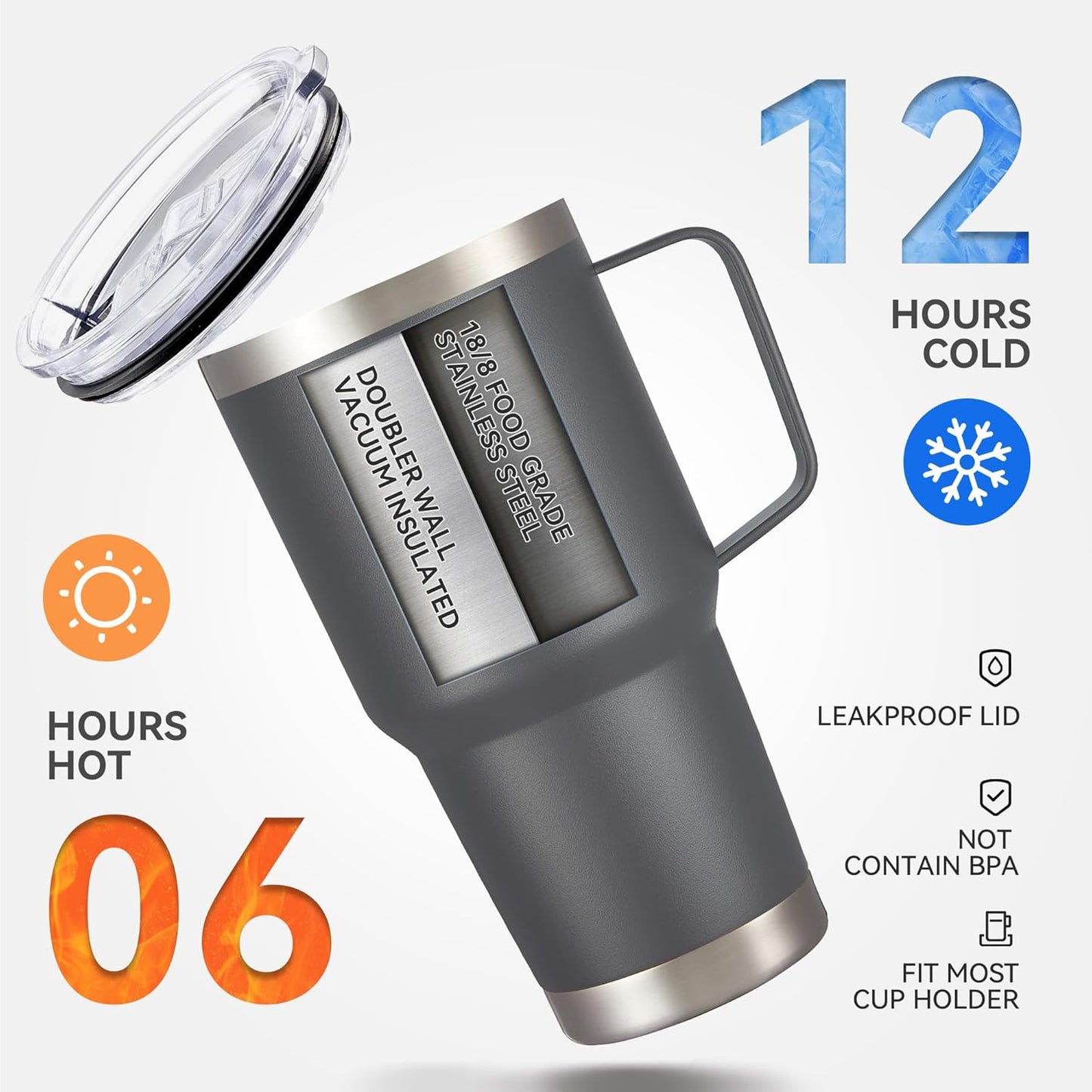 30 oz Tumbler with Handle and Lid, Stainless Steel Tumblers Double Wall Vacuum Insulated Travel Mug Leak Proof Cup Keep Drinks Cold and Hot Grey, 1 Pack