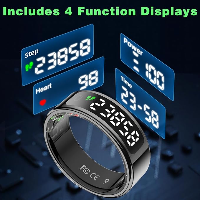 Smart Ring with LED Display Screen, Fitness Tracker Smart Rings for Women Men, Health Ring for iOS & Android, Sleep Tracker Ring Compatible with Heart Rate, SpO2, Sleep, Step (Black, 9)