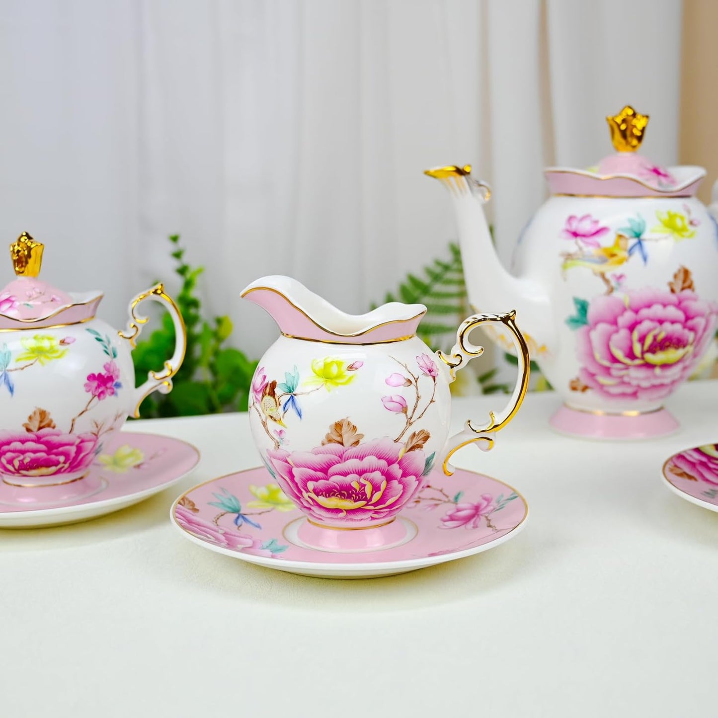 ACMLIFE Tea Set for Adults- Fine China Tea Set for 6, 21-Piece Vintage Coffee Set English Porcelain Tea Pot Sets for Adult Tea Party for Women Gift (Pink, Extra Large 21)