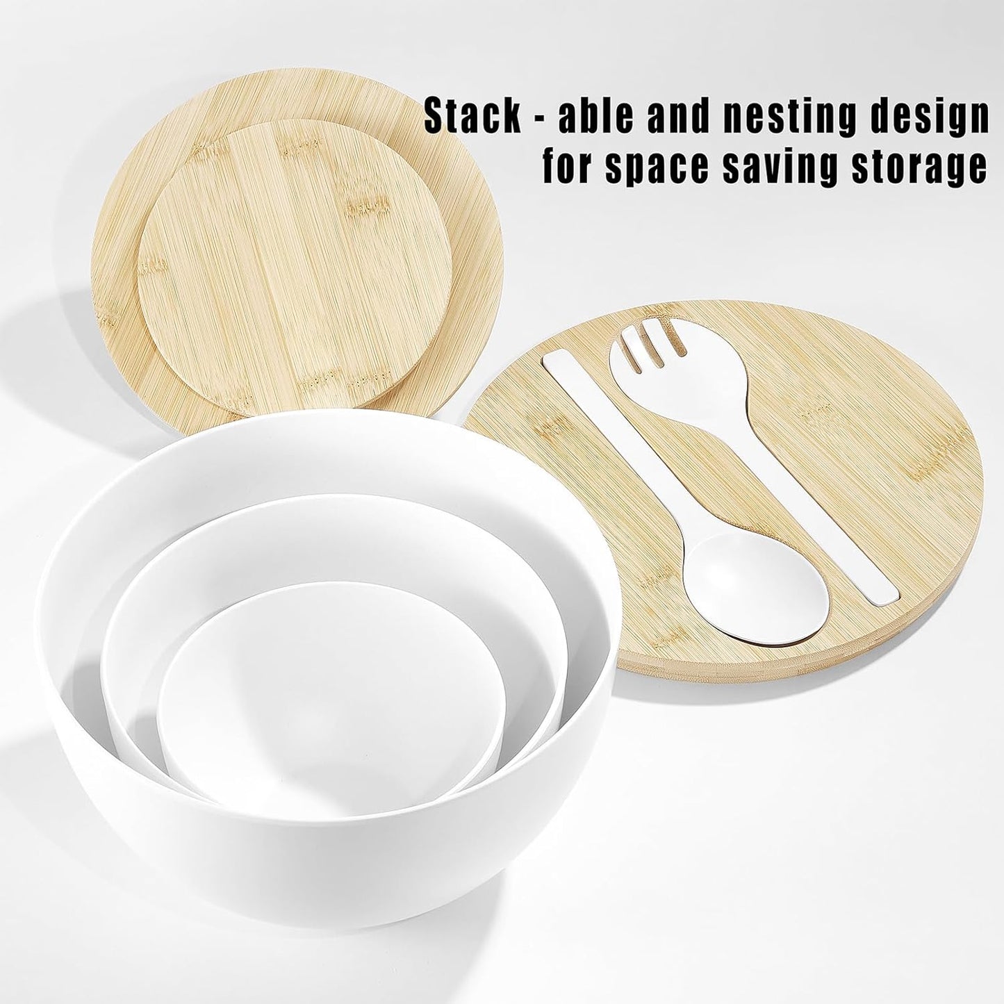 Large Salad Bowls with Bamboo Lids Set of 3, Mixing Nesting Bowls Round Serving Bowls with Servers for Salads, Kitchen Eating, Pastas, Popcorn, Chips, Trifle, Fruit, Food Prepare (White,10",8",6" )