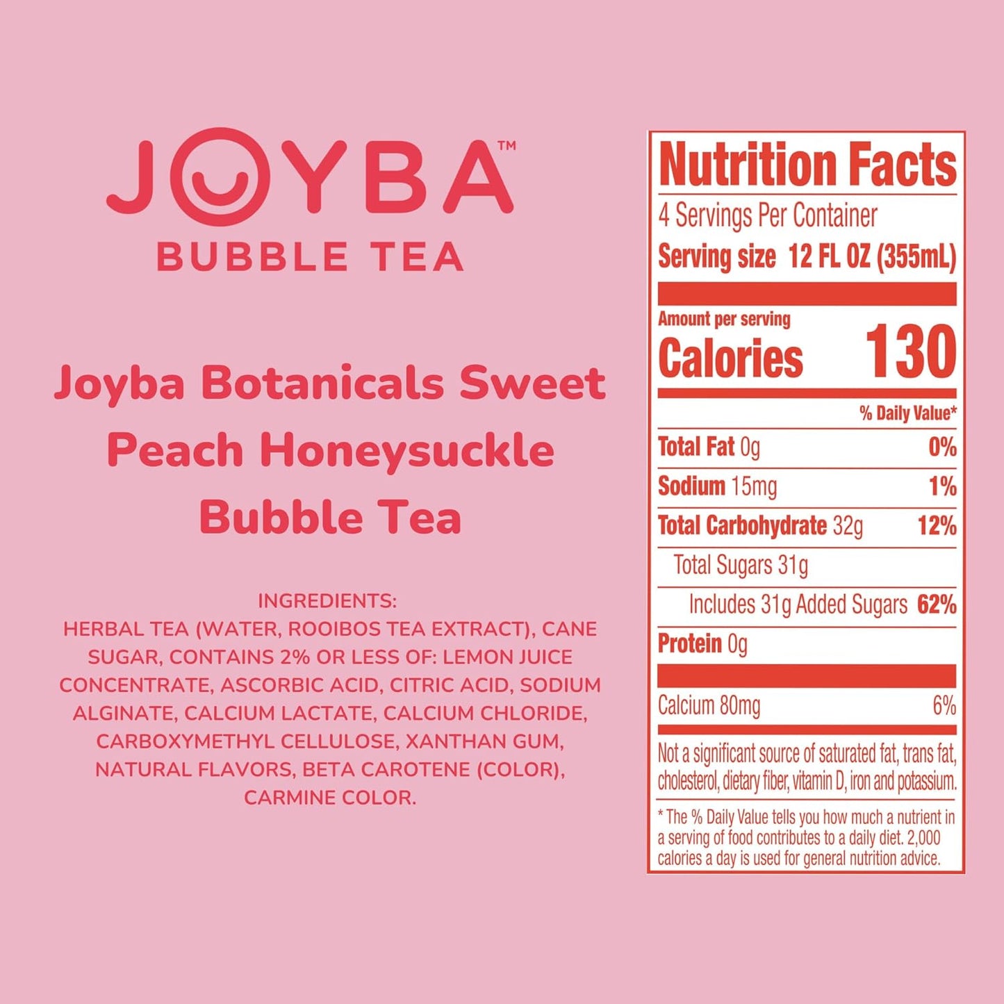 JOYBA Botanicals Sweet Peach Honeysuckle Bubble Tea, 4 Pack, 12 fl. oz. Cups