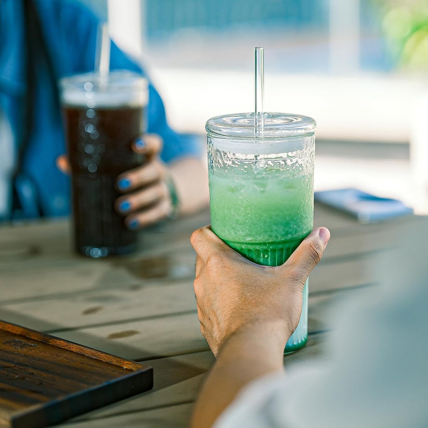 22oz Glass Tumblers with Glass Lids and Straws - Stylish Vintage Ribbed Design for Iced Coffee, Juice, Smoothies, Milkshakes, Cold Beverages & Whiskey Cocktail Beer (2pack-22OZ-Glass lid)