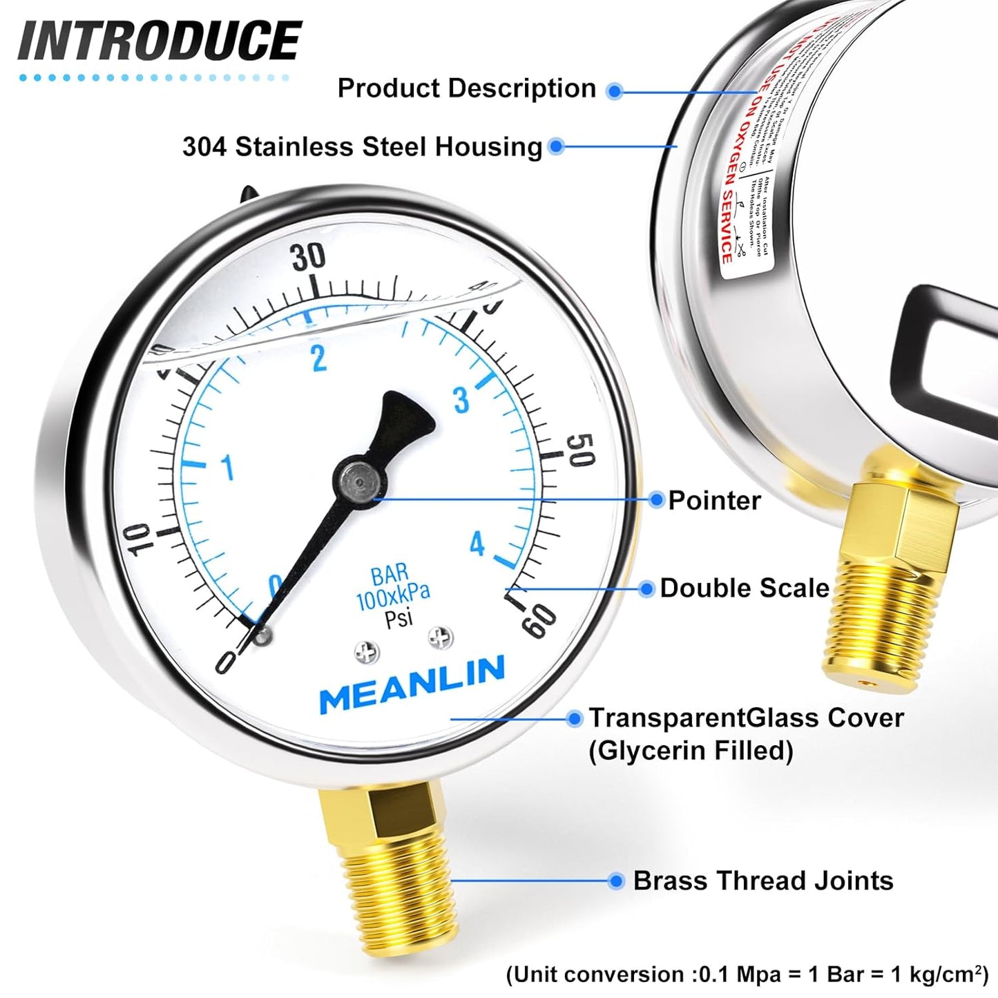 MEANLIN MEASURE 0~60Psi Stainless Steel 1/4" NPT 2.5" FACE DIAL Liquid Filled Pressure Gauge, Pool Sand Filter Pressure Test Lower Mount, with 1/2" NPT and 3/8" NPT Hex Bushing