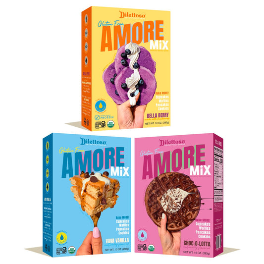 Dilettoso's Organic Gluten-Free Oat Flour Baking Mix | Variety Pack: Vanilla, Chocolate, and Wild Blueberry | Pancakes, Waffles, Cupcakes, Brownies, and Cookies | 10oz AMORE Mix (3 Boxes)