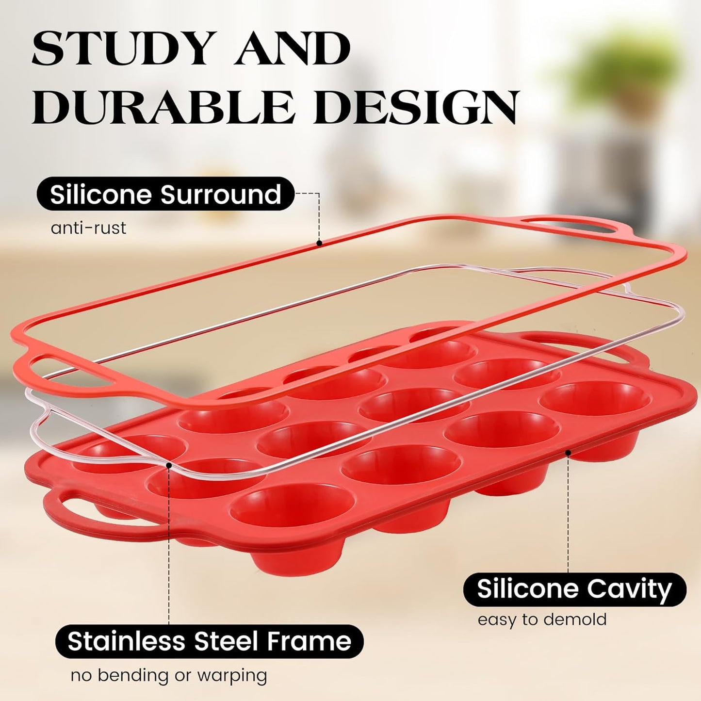 1 Pc Silicone Muffin Pan for Baking with Metal Frame, Nonstick 12 Cup Regular Size Cupcake Pan, Silicone Muffin Tray for Egg Bites (Red)