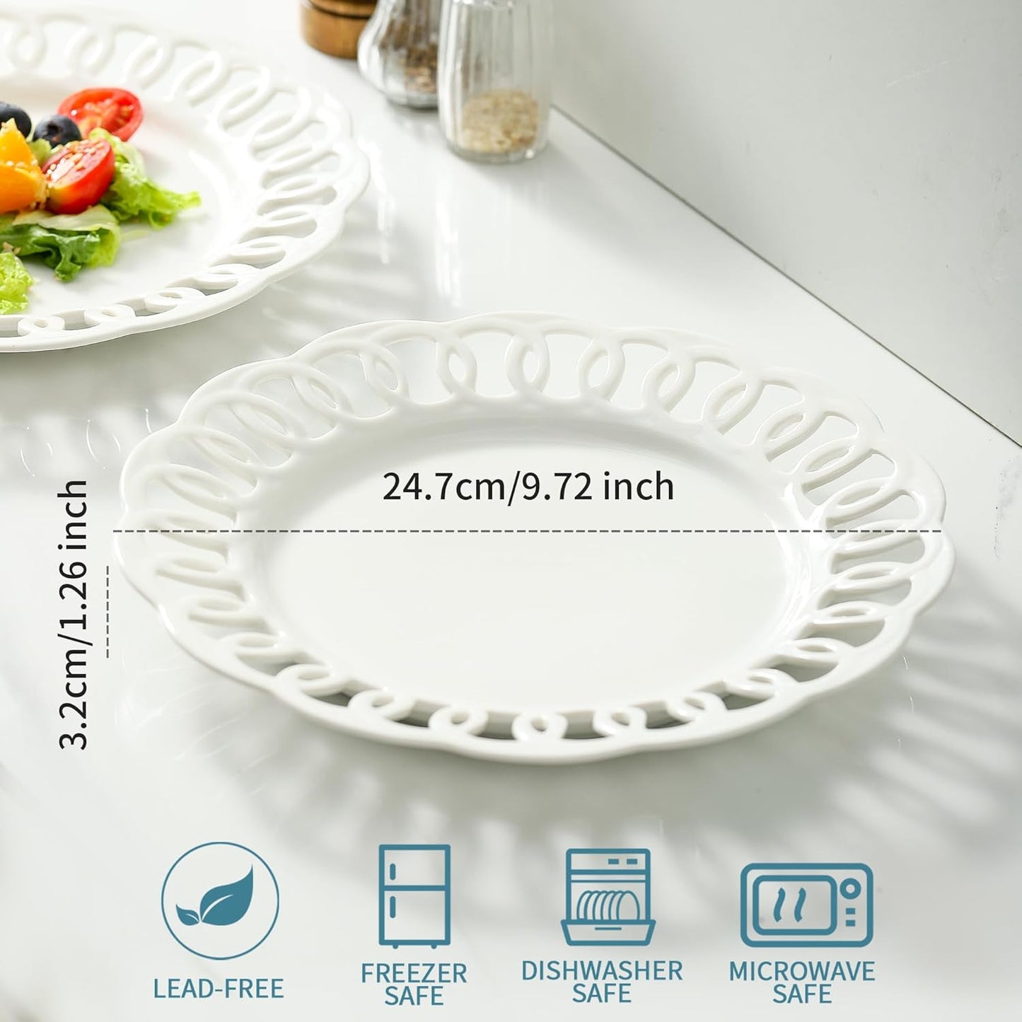 4 Pack 10" Dinner Serving Plates with Lace Rim, New Bone Porcelain Round Tableware Plates with Unique Hollow Out Design Scolloped Edge, White Dishes for Daily Use or as an Excellent Plate Idea