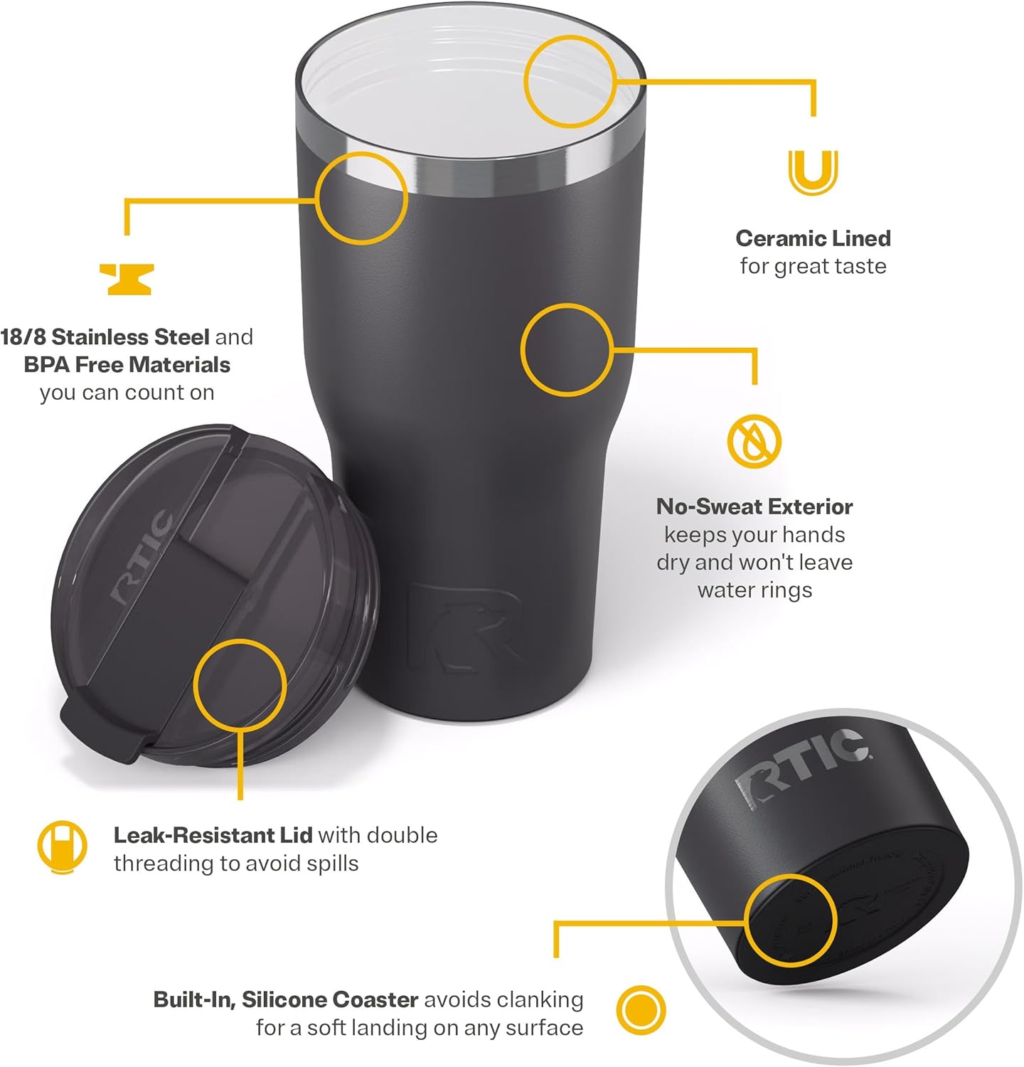 RTIC 30oz Essential Tumbler with Lid, Insulated, Stainless Steel, Metal, Double Wall Vacuum-Insulation, Ceramic Lined, Travel Cup for Iced Coffee, Tea, Hot and Cold Drink, Graphite