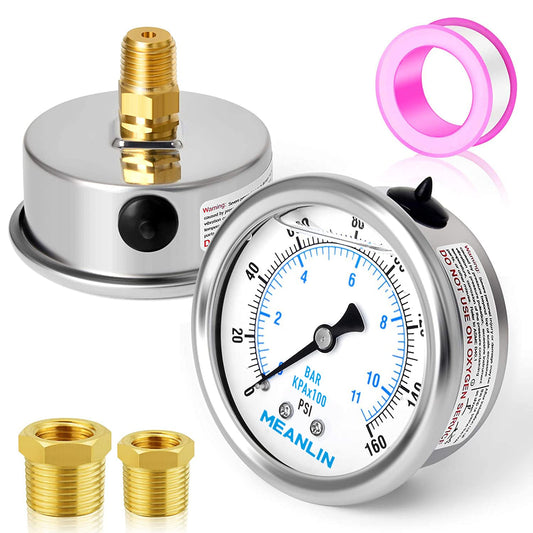 MEANLIN MEASURE 0~160Psi Stainless Steel 1/4" NPT 2.5" FACE DIAL Liquid Filled Pressure Gauge WOG Water Oil Air Center Back Mount, with 1/4" x 1/2" NPT and 1/4" x 3/8" NPT Hex Bushing