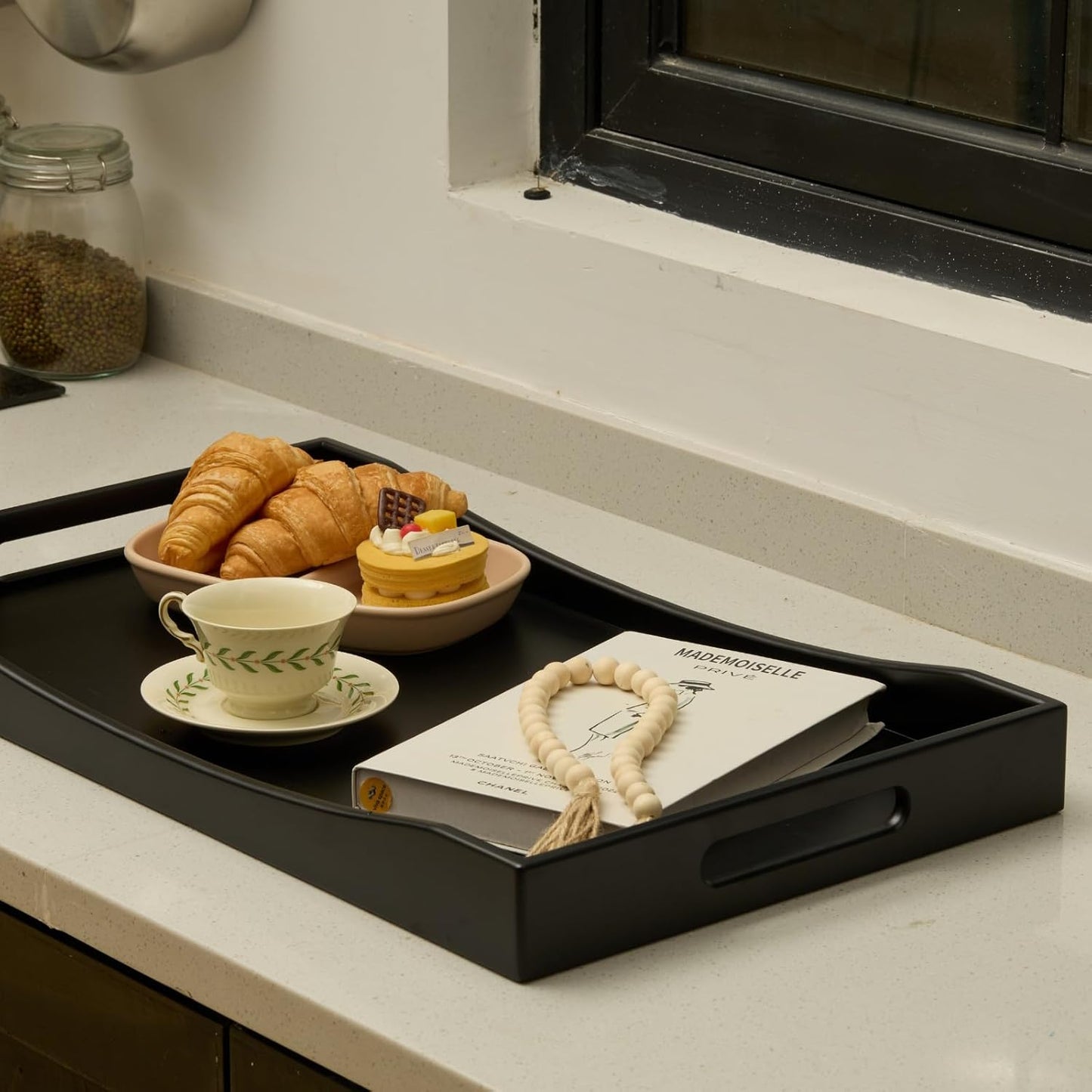 GOBAM Bamboo Extra Large Ottoman Tray, 26 x 15 inches - Wooden Tray for Dining Table & Parties, Serving Tray with Handles for Food, Cheese, Snacks, Tea, Coffee & Wine