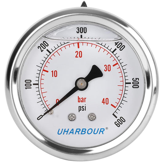 Glycerin Filled Pressure Gauge 600psi/40bar, Stainless Steel case, Brass Inside Construction, 2-1/2" dial, 1/4" NPT Back Connection.……