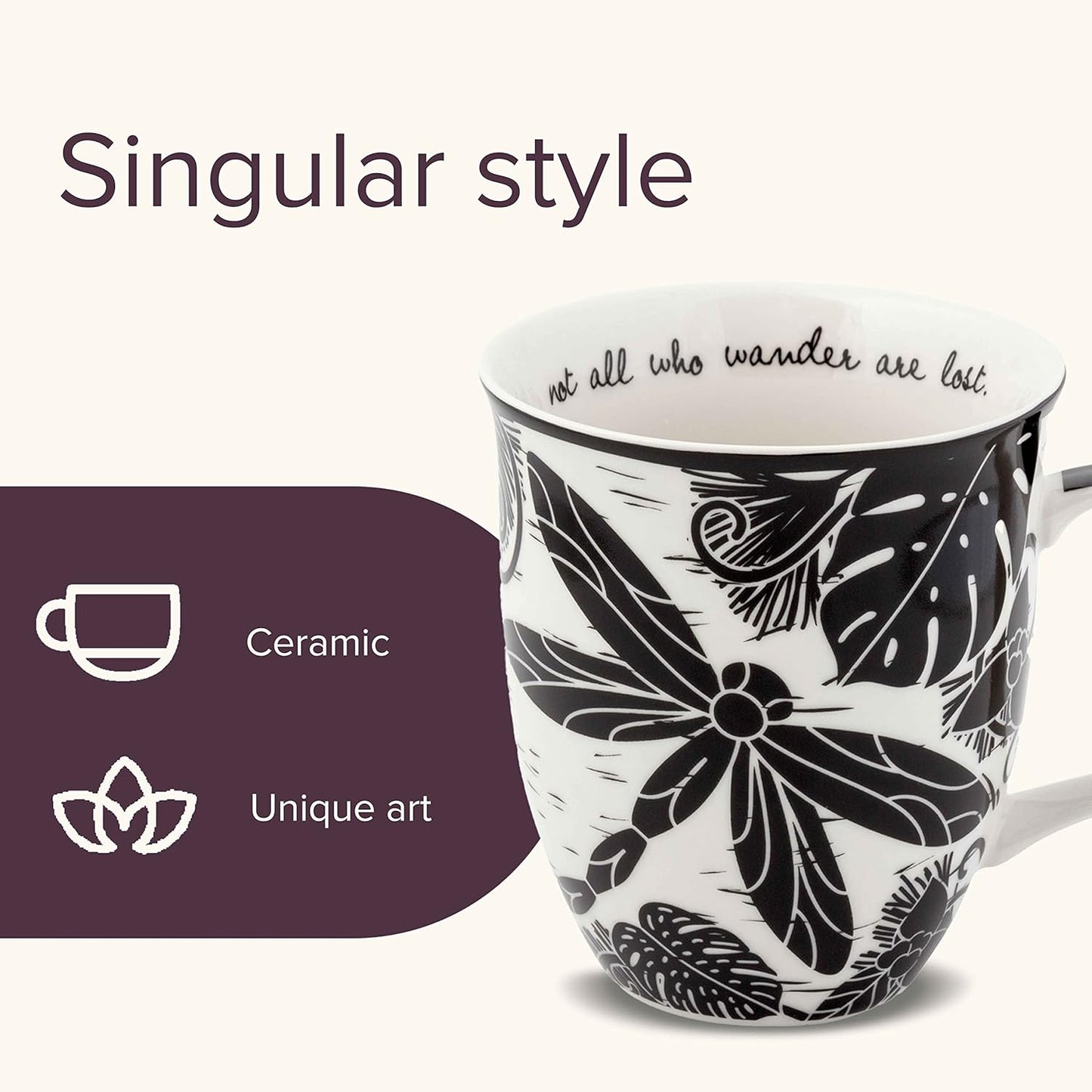 Karma Gifts 16 oz Black and White Boho Mug Dragonfly - Cute Coffee and Tea Mug - Ceramic Coffee Mugs for Women and Men