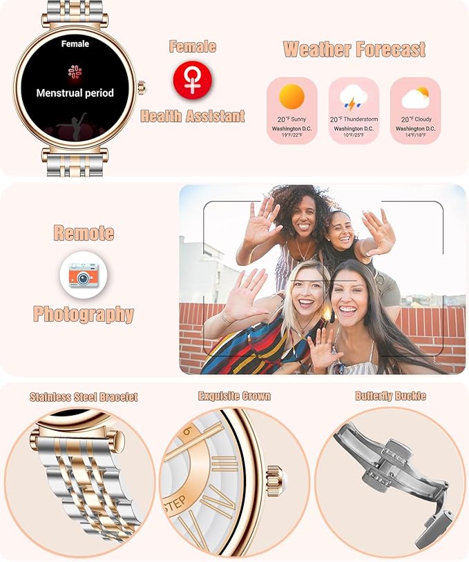 Smart Watch for Women 1.27" Color Screen Waterproof Fitness Activity Tracker Rose Gold Women's Smart Watch with Heart Rate Sleep Monitor for Android and iOS (Two-Tone Rose Gold Steel RT-i109)
