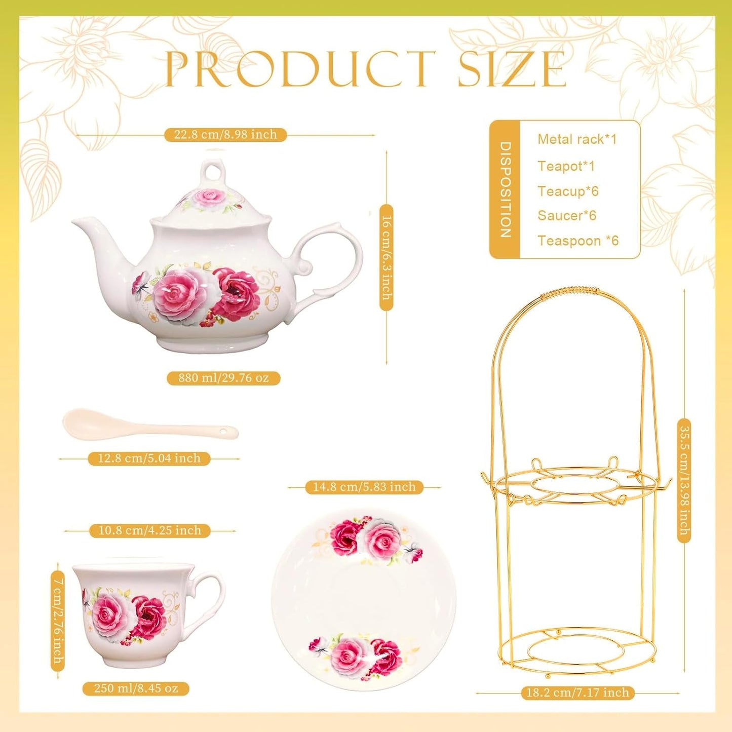 20-Pieces Porcelain Tea Sets For Women, Tea Set For Adult with Golden Metal Rack,Tea Gift Sets for Home&Party(014)