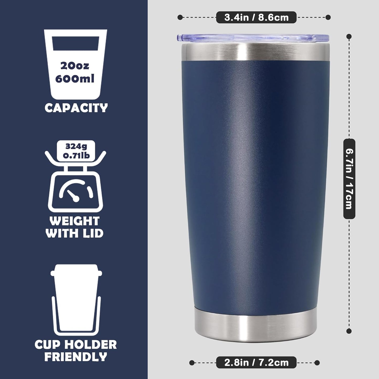 20oz Tumbler Stainless Steel Tumbler Cup with Lid Vacuum Insulated Double Wall Travel Mug, Durable Powder Coated Travel Coffee Tumbler Mug for Hot & Cold Drinks, Navy,1 Pack