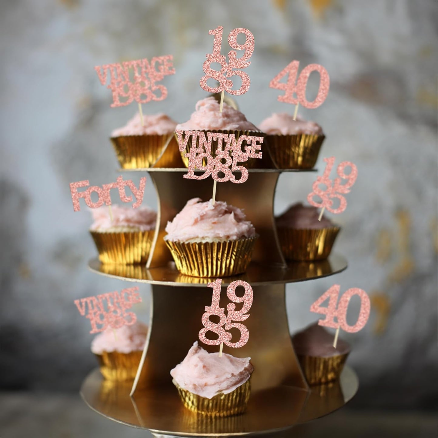 Gyufise 24Pcs Happy 40th Birthday Cupcake Toppers Glitter Forty 40 Fabulous Vintage 1985 Cake Toppers for 40th Birthday Wedding Anniversary Party Cake Decorations Supplies Rose Gold