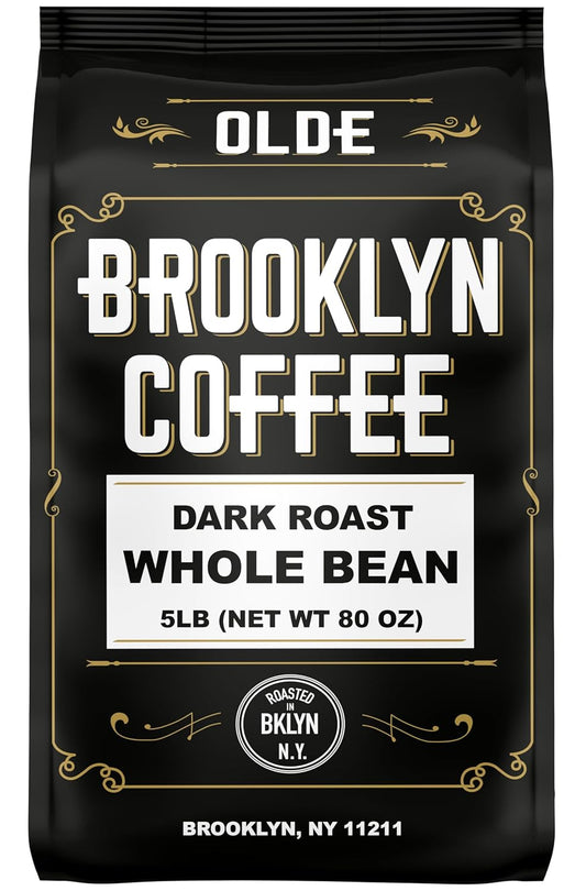 BROOKLYN COFFEE Whole Bean, Classic Dark Roast (5lb) Bold, Smooth Taste, Intense Aroma - Fresh Bulk Coffee Beans Roasted Weekly in NYC
