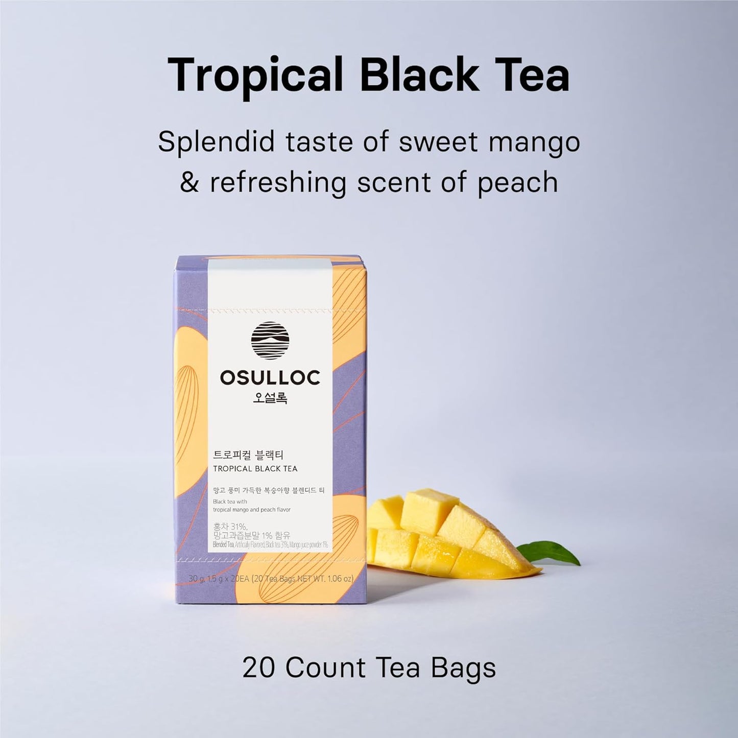 OSULLOC Peach Black Tea (Tropical Mango & Peach Flavor), Fruit tea Blend, Premium Teabags from Jeju Island, 20 count