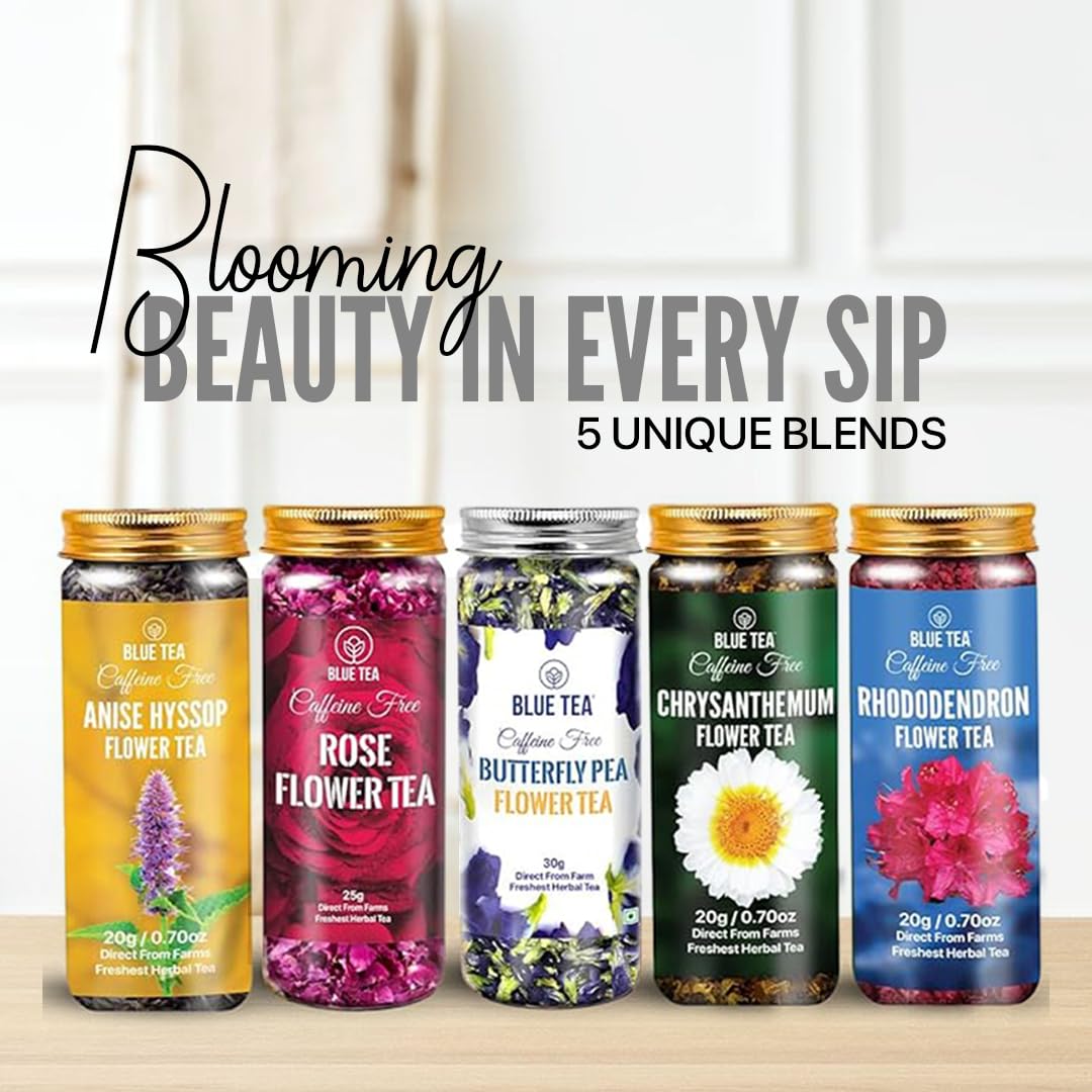 BLUE TEA - Flower Tea Combo - 4.05 Oz (Pack of 5) | VARIETY PACK | Combo Pack - Caffeine Free - Flower Based - Caffeine Free - Vegan - Non-Bitter - Non-GMO | Pet Jar Packs - Gift Box