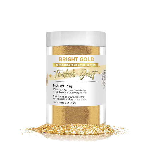 BAKELL Bright Gold Edible Glitter, 25 Grams | TINKER DUST Edible Glitter | KOSHER Certified | 100% Edible Glitter | Cakes, Cupcakes, Cake Pops, Drinks, Dessert Vegan Glitter & Dusts (25g, Bright Gold)