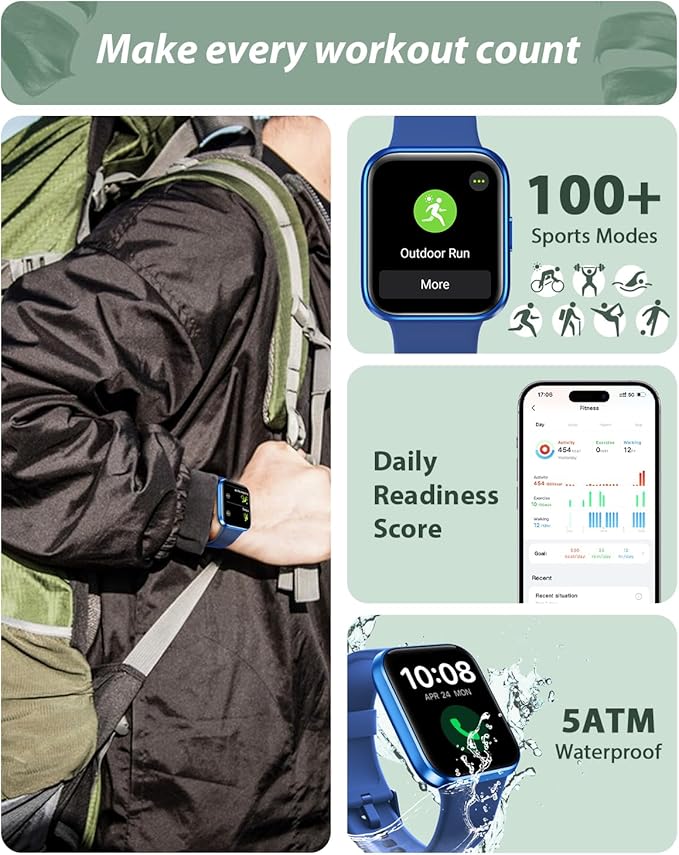 Smart Watch for Men Women(Call Receive/Dial), Alexa Built-in, 1.8" Touch Screen Fitness Tracker with Heart Rate Sleep Tracking, 100 Sports Modes, 5ATM Waterproof Smartwatch for Android iPhone