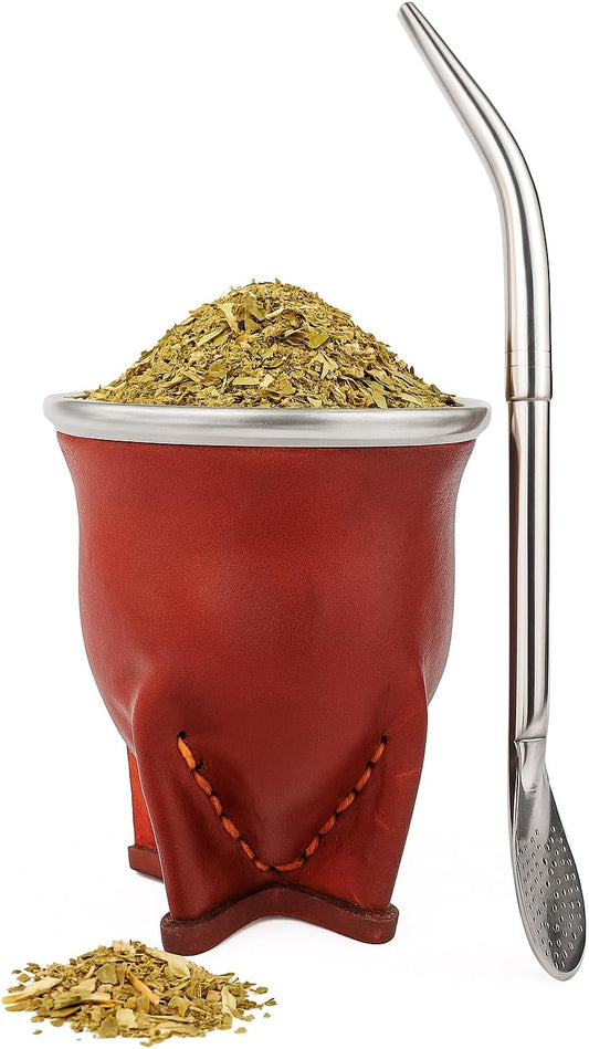 Handcrafted yerba mate gourd (mate cup) authentic calabash, leather wrapped, perfect for Argentinian or Uruguayan mate. Includes stainless steel bombilla for a true yerba mate experience (camionero)
