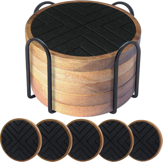 Wood Coasters with Felt Pads, Non-Slip, Non-Stick - 5 Pack Absorbent Coasters for Coffee Table with Holder, Suit for Kinds of Cups 4.3 inch (Black Series)
