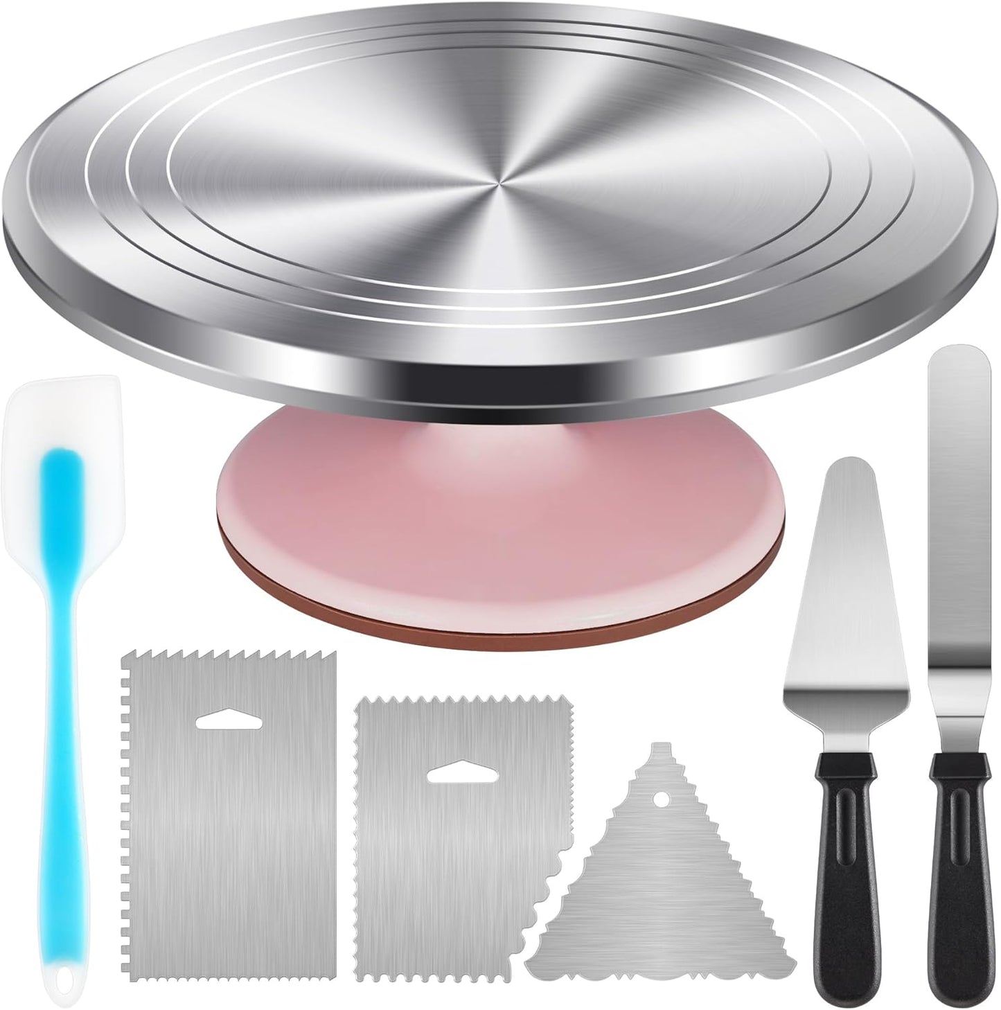 Kootek Aluminium Cake Turntable Set, Baking Tools with Revolving 12" Cake Stand for Decorating, 12.7" Offset Spatula, 3 Stainless Steel Frosting Icing Smoother, Cake Serve Cake Decorating Kit Supplies