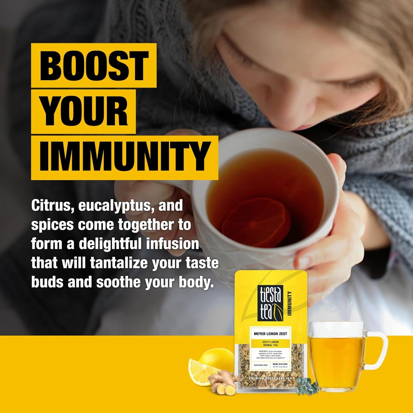 Tiesta Tea - Meyer Lemon Zest, Loose Leaf, Zesty Lemon Herbal Tea, Premium Caffeine-Free Blend, Makes Hot or Iced & Up to 25 Cups, 2oz Resealable Pouch