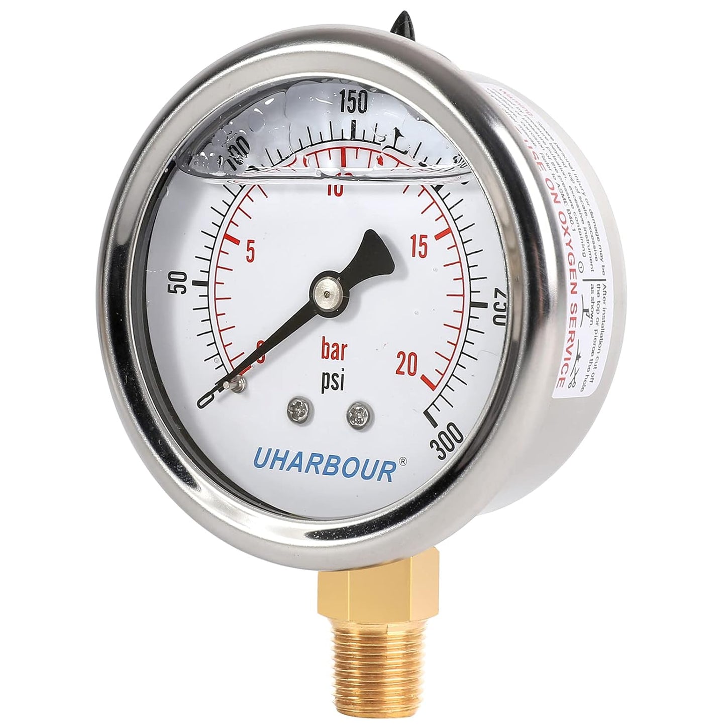 Glycerin Filled Pressure Gauge 300psi/20bar, Stainless Steel case, Brass Inside Construction, 2-1/2" dial, 1/4" NPT Rear Connection.