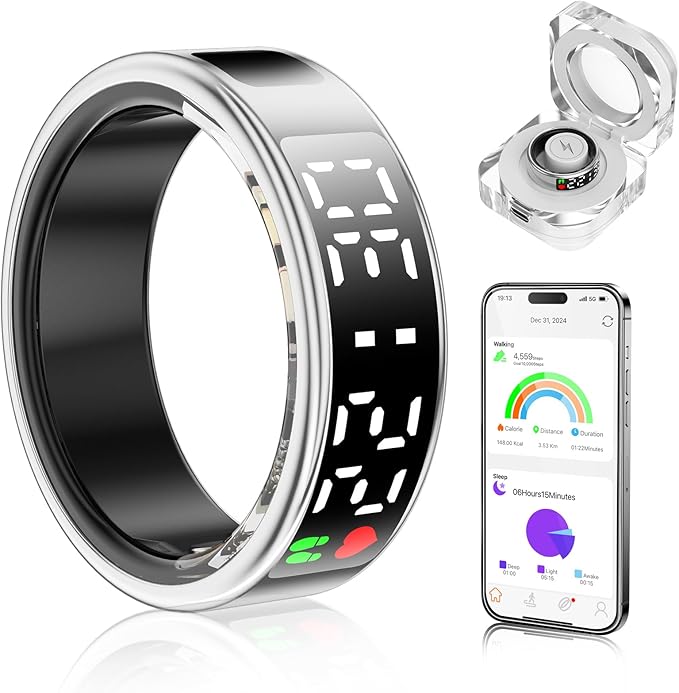 Smart Ring Health Tracker with Display Screen & Touch Button, Bluetooth Connection Health Ring for Women Men, Tracks Heart Rate/Blood Oxygen/Sleep/Steps/Sports Activities, IP68 Waterproof