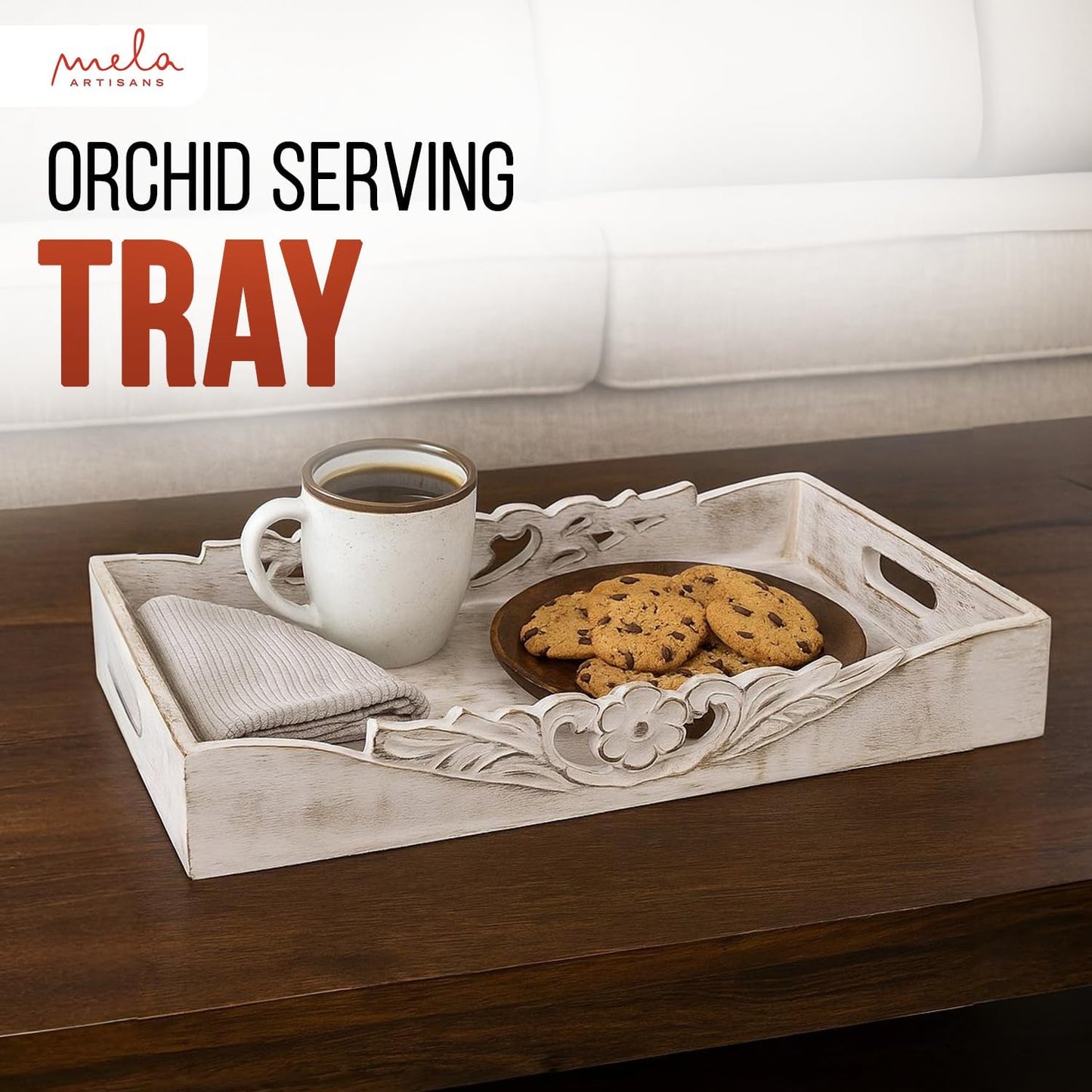 Mela Artisans Distressed White Wooden Decorative Tray with Handles | 16x12x2.5 Mango Wood Ottoman Tray | for Kitchen Countertop | Coffee Table | Snacks | Desserts | Breads | Bedroom Decor