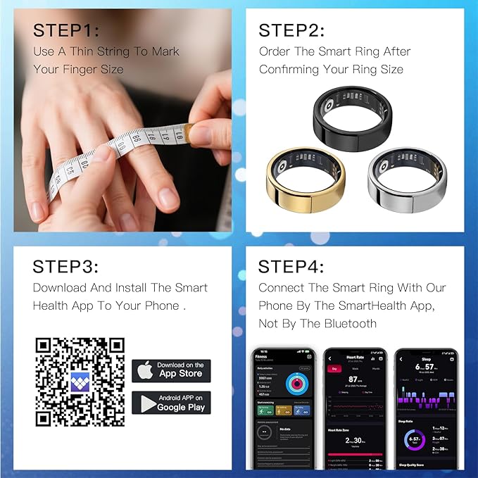 Smart Ring, Health Tracker for Monitor Health, Sleep Tracking Wearable and Heart Rate Fitness Blood Oxygen, IP68 Waterproof, Compatible with iOS and Android