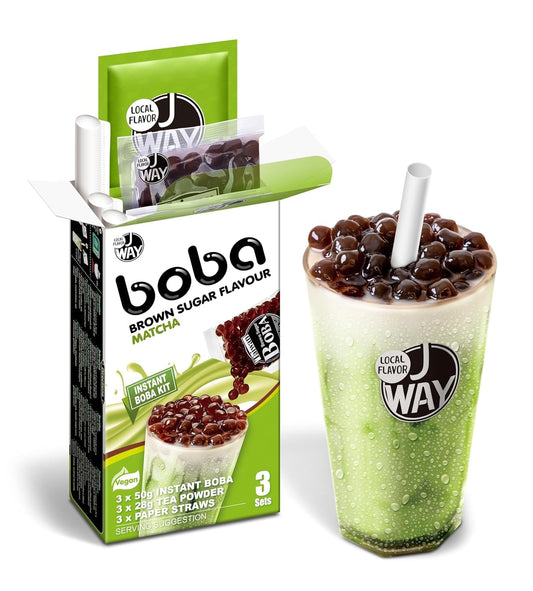 J WAY Instant Boba Bubble Pearl Matcha Milk Tea Kit with Authentic Brown Sugar Tapioca Boba, Ready in Under One Minute, Paper Straws Included - 3 Servings