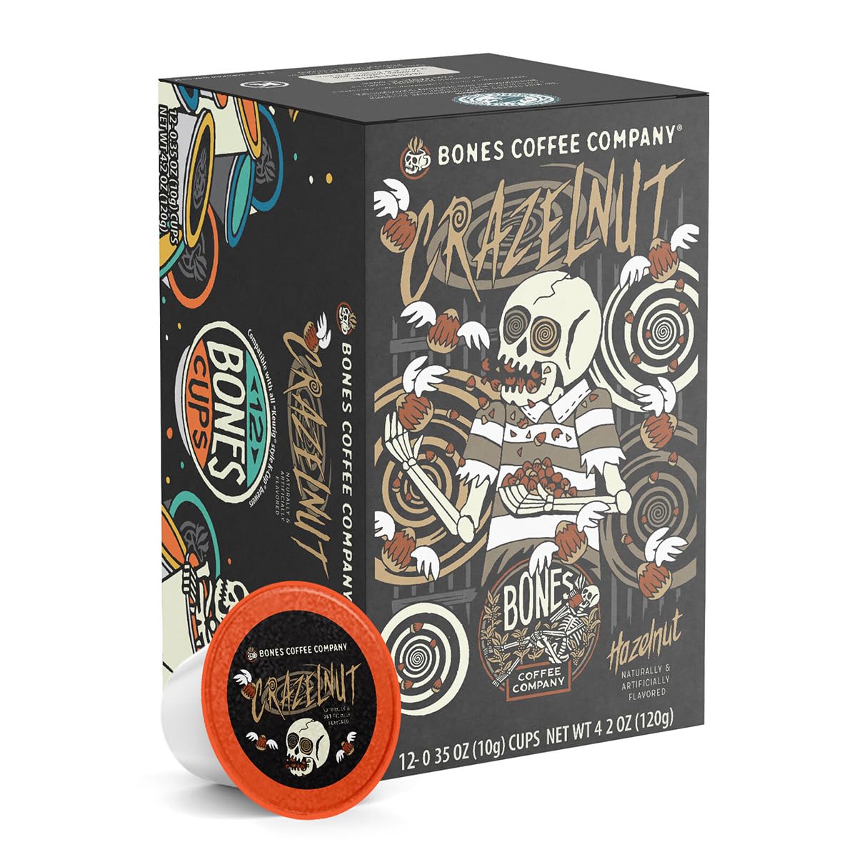 Bones Coffee Company Crazelnut, Hazelnut Flavored Coffee Pods, Low Acid Medium Roast Single-Serve Bones Cups, Compatible with 1.0 & 2.0 K-Cups Brewers Coffee Maker, 12 Count
